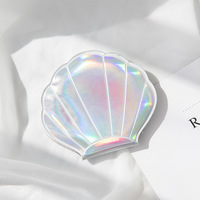 Girls Handheld PU Leather Magnifying Cosmetic Mirror Seashell Shape with Double Sides Personalized Mermaid Style Folding Mirror