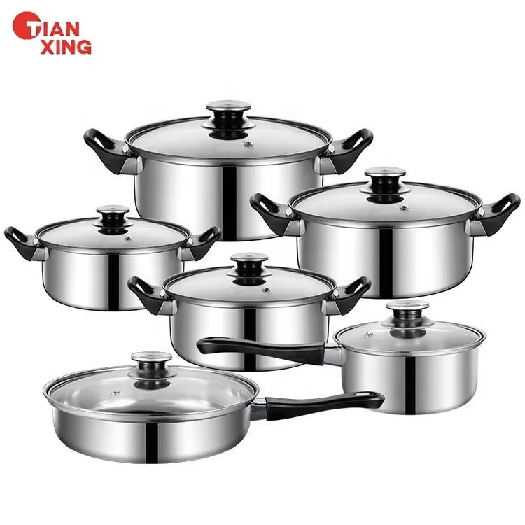 Tianxing Atacado 12pcs Aço Inoxidável Antiaderente Stock Pot Saucepan Panelas E Panelas Panelas Conjunto De Caçarola