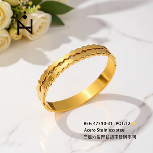 Bracelet jonc hexagonal à trois couches en acier inoxydable plaqué or, bijoux de mode, cadeau unisexe - Product Image 2