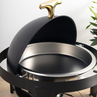 Chauffe-Plat Commercial de Luxe Noir en Acier Inoxydable de 6 Quarts avec Couvercle Enroulable et Poignée Dorée pour Buffets, Traiteur et Mariages