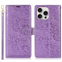 Casing Dompet Kulit Embos Bunga untuk iPhone Samsung, Penutup Magnetik, Tempat Kartu, Penyangga, Tali Pergelangan Tangan, Pelindung Anti Benturan