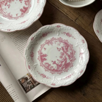 Assiette en céramique rose vintage à motif paysager, bord festonné en relief, vaisselle pour banquet de mariage, vente en gros