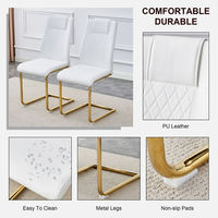 Chaise de salle à manger cantilever moderne de luxe à hauteur fixe en cuir PU blanc, pieds en forme de traîneau doré, dossier capitonné, pour mobilier de maison et événements.
