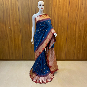 Sari en soie bleu dessiné à la main pour femme, traditionnel indien pakistanais, longueur ras du sol, ethnique, coupe classique, toutes saisons - Product Image 1
