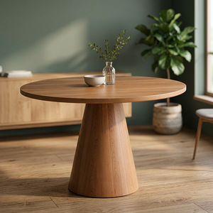 Modern Teak <b>Wood</b> <b>Round</b> <b>Dining</b> <b>Table</b> with Conical Pedestal Base Column - Product Image 3