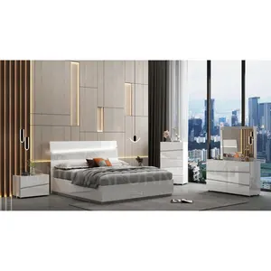 Nova 6 Peça Branco E Mármore Procurando Kingsize Queen Bedroom Set Otomano Cama Quadro Com Luzes Led