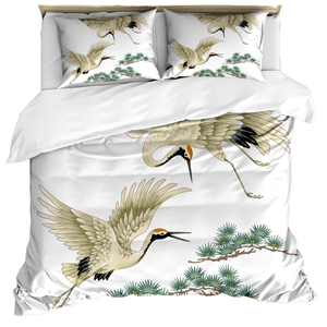 Lunarable <b>Custom</b> Duvet Cover Set 2 Japanese Cranes Flying <b>Painting</b> Style Far Eastern Illustration Scenic Plant Pattern MOQ 1 - Product Image 1