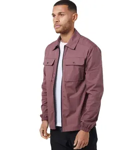 Customize Men Woven twill fabric in center zipper and flat patch pockets style Utility Overshirt jacket