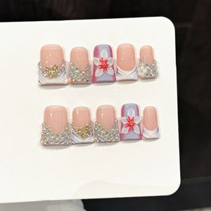 Manicura Francesa de Lujo <span class=keywords><strong>con</strong></span> Degradado de Diamantes Brillantes y Patrones Florales Intrincados, <span class=keywords><strong>Uñas</strong></span> Postizas Hechas a Mano - Product Image 1
