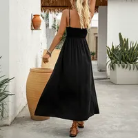 Robe longue d'été pour femme en viscose unie, noire, brodée, sans manches, coupe trapèze, pour soirée et occasions spéciales