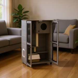 Arbre à chat, mobilier pour animaux de compagnie avec bac à litière, maison pour chat en bois moderne pour chats de taille moyenne - Product Image 2