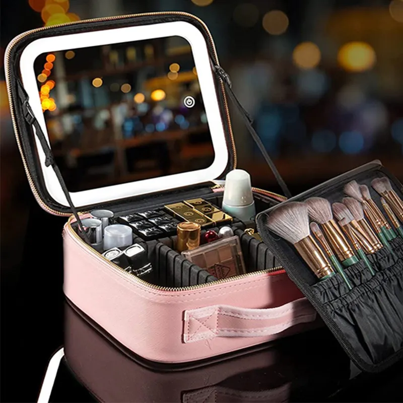 Portable Makeup Case Bag Mirror With Led Light Beauty Case Travel Make Up Bag Mirror With Light Personal Logo