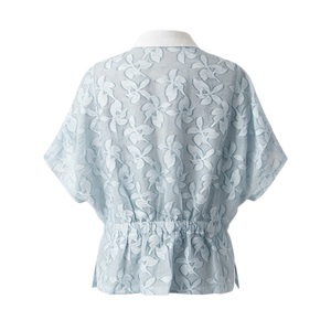 Wholesale Women's Floral Jacquard Chiffon <b>Blouse</b> Short Sleeve Button Down Shirt Light Blue <b>Sheer</b> Elegant Summer Top - Product Image 4