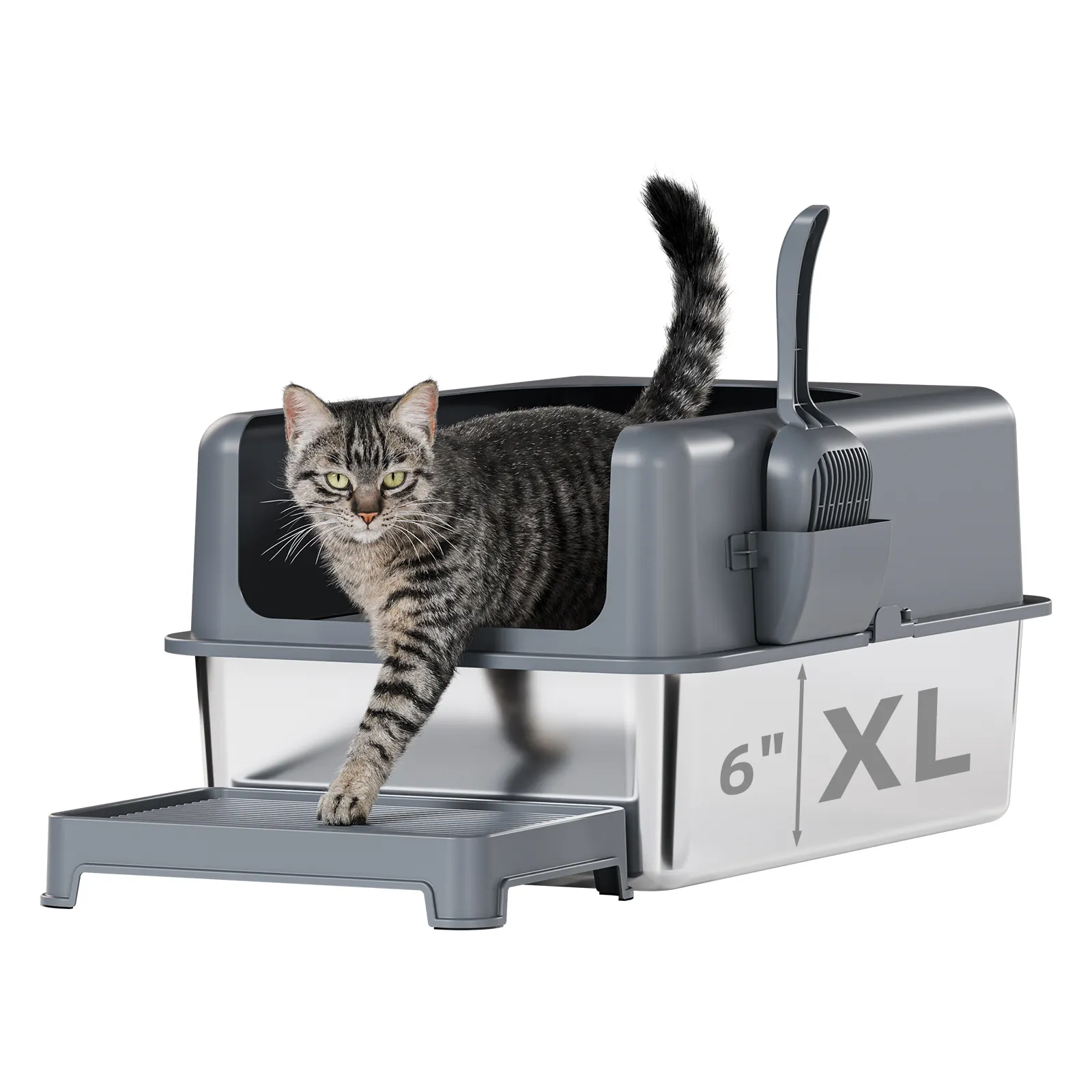Caja de arena para gatos de acero inoxidable, extragrande para gatos grandes y múltiples con tapa, incluye tapete para ARENA y cuchara (24x16x6)