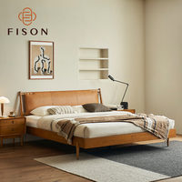 Mid Century Solid Wood Bed Leather Spliced Headboard Rivet Decoration Natural Timber Frame Warm Tone Villa Master Bedroom Bed