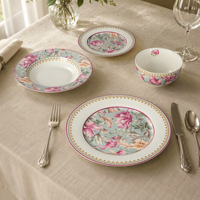 Service de table en céramique de luxe 24 pièces, motif floral rose en or véritable, vaisselle en porcelaine, vente en gros, hôtel, OEM, ODM