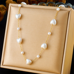 316L Stainless Steel Romantic White Pearl Heart Long Necklace <strong>Bracelet</strong> <strong>Combo</strong> Women Noble Elegant Jewelry Set Party Gift - Product Image 2