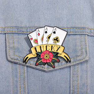 Broches en émail créatives en forme de cartes de poker chanceuses personnalisées par un designer, 4 cartes, fleurs, broches pour sac à dos, badge de revers, bijoux amusants - Product Image 1