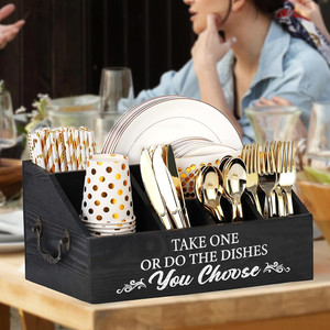 Organisateur de distributeur d'assiettes en papier en bois Kit de fournitures de fête jetables avec porte-ustensiles pour les essentiels d'hôtesse - Product Image 3