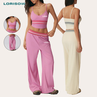 LORISOW Set Yoga Wanita Bergaris Grosir, Atasan Crop Cami Tali Spageti dan Celana Kaki Lebar untuk Pilates Studio, Butik, dan Pembeli Ritel