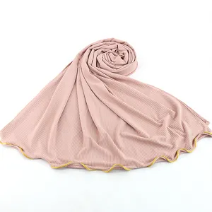 Luxury ribbed jersey hijab with ribbons can add any colors as your like custom made color ribbed jersey hijab scarf