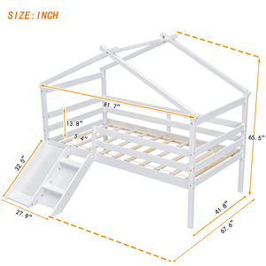 - Kids White Twin Low Loft House <strong>Bed</strong> <strong>with</strong> Roof, Playhouse <strong>Bed</strong> <strong>with</strong> <strong>Slide</strong>, Ladder &amp; Safety Guardrails - Product Image 2