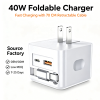 Chargeur pliable HNT 40W GaN avec câble USB-C rétractable intégré de 70 cm, double port A+C, adaptateur de voyage pour iPhone 16 15, prise en charge OEM ODM