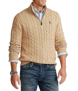 Custom LOGO OEM & ODM High quality pullover men sweater twist rope knitted wool zip-up POLO sweater for men