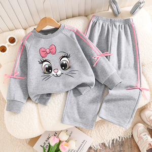 Conjunto de Ropa Térmica para Niñas Pequeñas Otoño/Invierno, Sudadera Gris con Cuello Redondo y Pantalones Anchos con Lazo Decorativo - Product Image 1