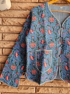 High Custom Hand Block Printed Blue Floral Quilted Cotton Coat Lightweight Quilted Ethnic with Button Front for Women Stylish - Product Image 6