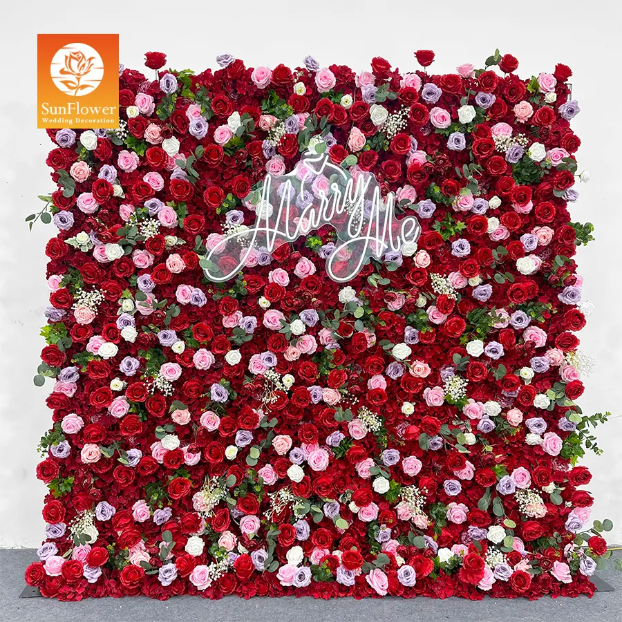 Sunwedding Wedding Events Centerpiece Red Flower Wall Panel Backdrop Artificial Flower Wall Decoration