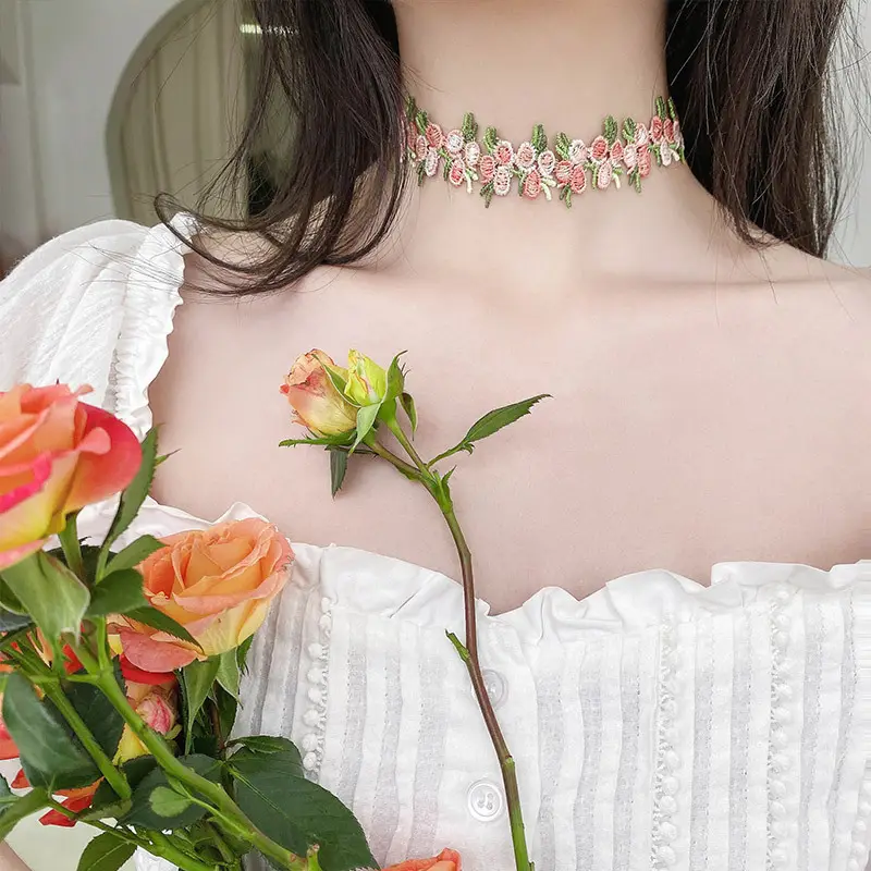Fashion Handmade Women Decoration Elegant Light Pink Rose Flower Choker Silk Cotton Flower Choker Necklace For Young Girls