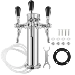 3 Tap Beer Tower Stainless Steel 3 inch Draft Beer Dispenser with Wrench & Beer Line with Hex Nut for Home Brewing