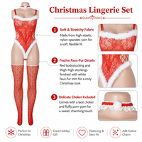 Bodystocking de Noël sexy en dentelle rouge transparente avec bordure en fourrure blanche, collier en dentelle, nylon et élasthanne très extensibles, taille unique, lingerie de Noël