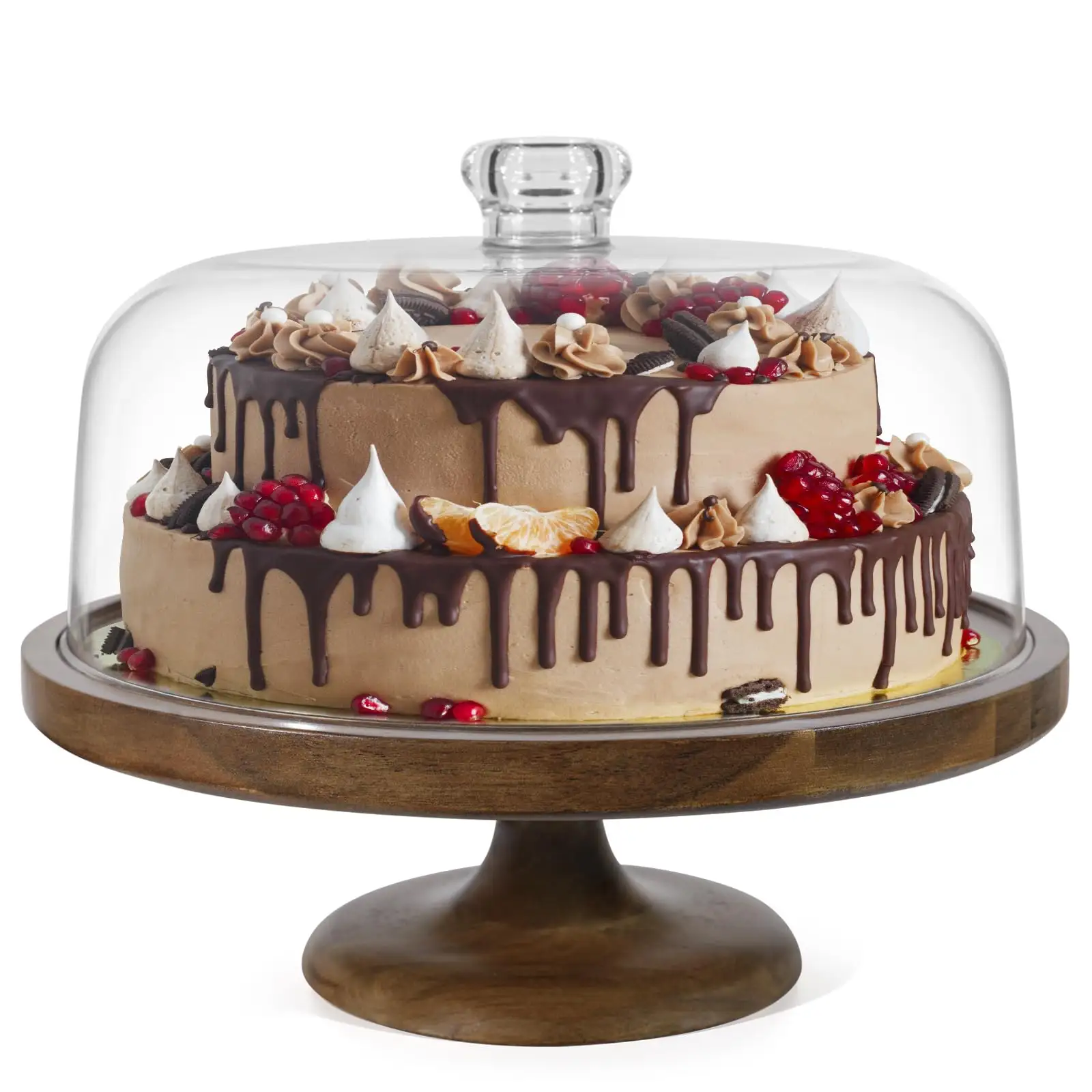 Cake Stand with Clear Acrylic Dome Lid Wood Cake Stand Cake Display Server Tray Kitchen Birthday Parties Weddings Baking Gifts