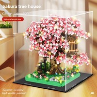 Kit Model Plastik DIY Rumah Bunga Sakura Desain Baru Tingkat Kesulitan Tinggi Set Blok Bangunan Rumah Pohon Pink yang Detail