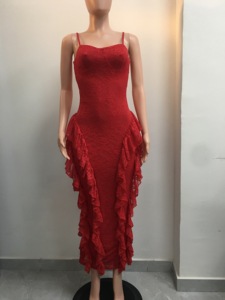 Vestido de Encaje Rojo para Mujer - Tirantes Finos, Volantes en el Bajo, Espalda Descubierta, Vestido Formal de Noche, Ropa de Moda - Product Image 4