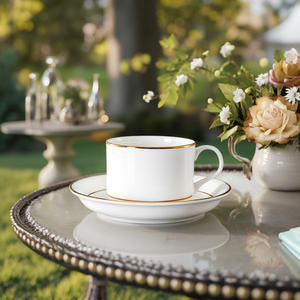 Tazza bianca piatta in <span class=keywords><strong>porcellana</strong></span> Bone China <span class=keywords><strong>da</strong></span> 150 ml, set di piccole <span class=keywords><strong>tazze</strong></span> <span class=keywords><strong>da</strong></span> caffè e tè in oro e bianco con piattino - Product Image 3