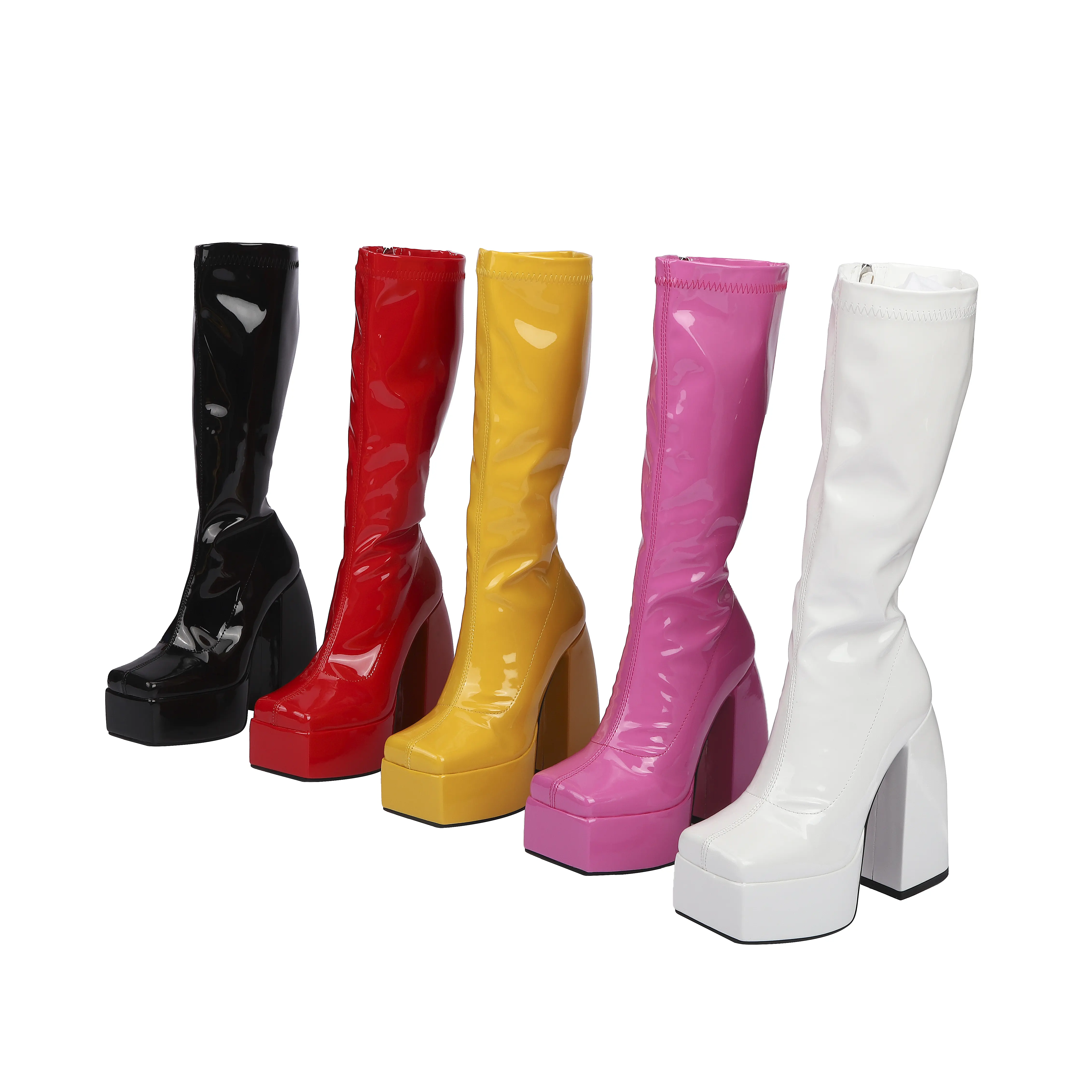 Promotional High Quality White Women Knee Luxury High Heel Boots Platform Glossy Leather Candy Color Shoes Chunky Heel Designer