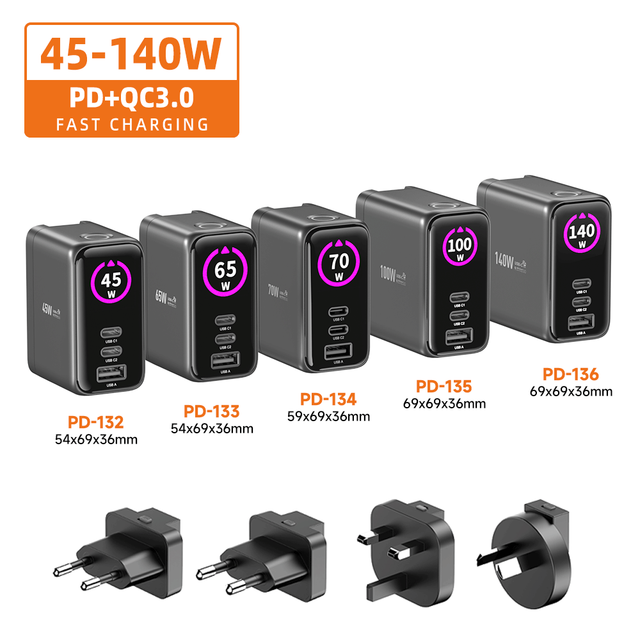 Vina New Trend 140W 100W 70W 65W 45W GaN Fast USB Wall Charger Type-C USB-A Ports TFT Display Design AI Smart Phone Charging