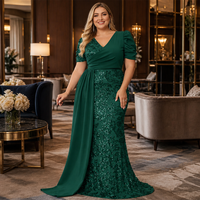 Robe de soirée sirène à sequins grande taille, col en V, manches courtes bouffantes, ceinture en mousseline, robe longue formelle pour bal de promo