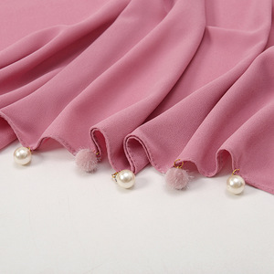 Mới Đến Đồng Bằng Bong Bóng Voan Hijab Khăn Choàng Hồi Giáo Hijabs Với Ngọc Trai Pompon Bóng Tua Khăn Trùm Đầu - Product Image 5
