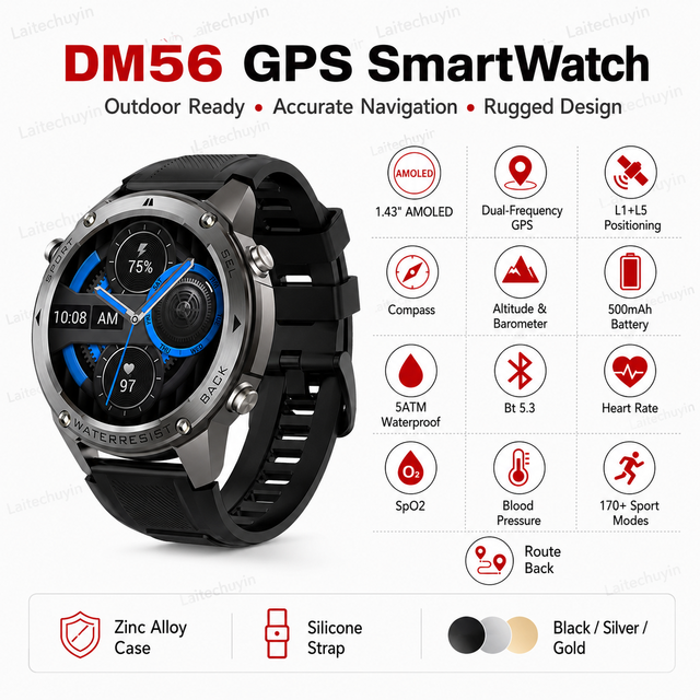 GPS Navigation Amoled Screen 5ATM Waterproof Sport Smartwatch DM56 Smart Watch 2024 2025 With Altimeter Barometer Compass