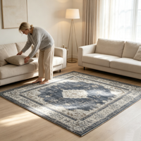 Tapis de sol vintage bleu marine à motif médaillon persan, lavable, en polyester, effet vieilli, pour la décoration intérieure
