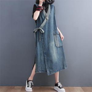 Personnalisé A-ligne Asymétrique Solide Lâche Sans Manches Midi Col V Poches Ceintures Robe <span class=keywords><strong>Haute</strong></span> Qualité Unique Femmes Coton Denim Robes - Product Image 6