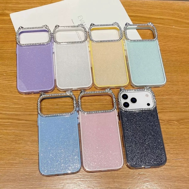 For 17 16E 15 Plus Phone Case Phone Cover Diamond Korean Solid-Color IMD Glittery Promax Inlays Cat Ear Custom