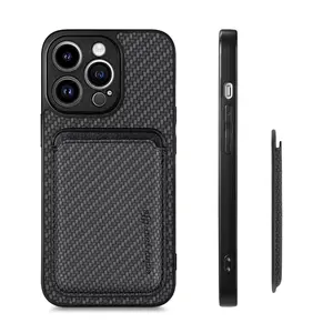 Luxury Carbon Fiber PU Leather Back Cover For iPhone 14 13 12 11 Pro Max Magnetic Detachable Card Holder Wallet Phone Case