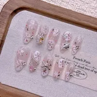 Faux ongles à presser en gros, faits à la main, rose, French manucure, forme courte, en acrylique