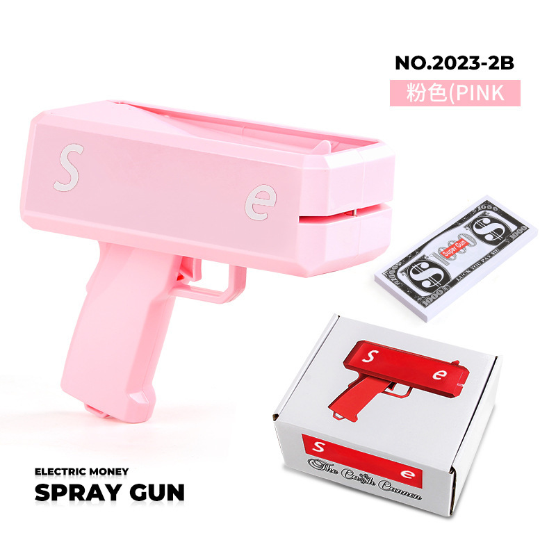 Pistola rociadora de dinero rosa con palabras en inglés - 100 billetes de papel 0.05 kg