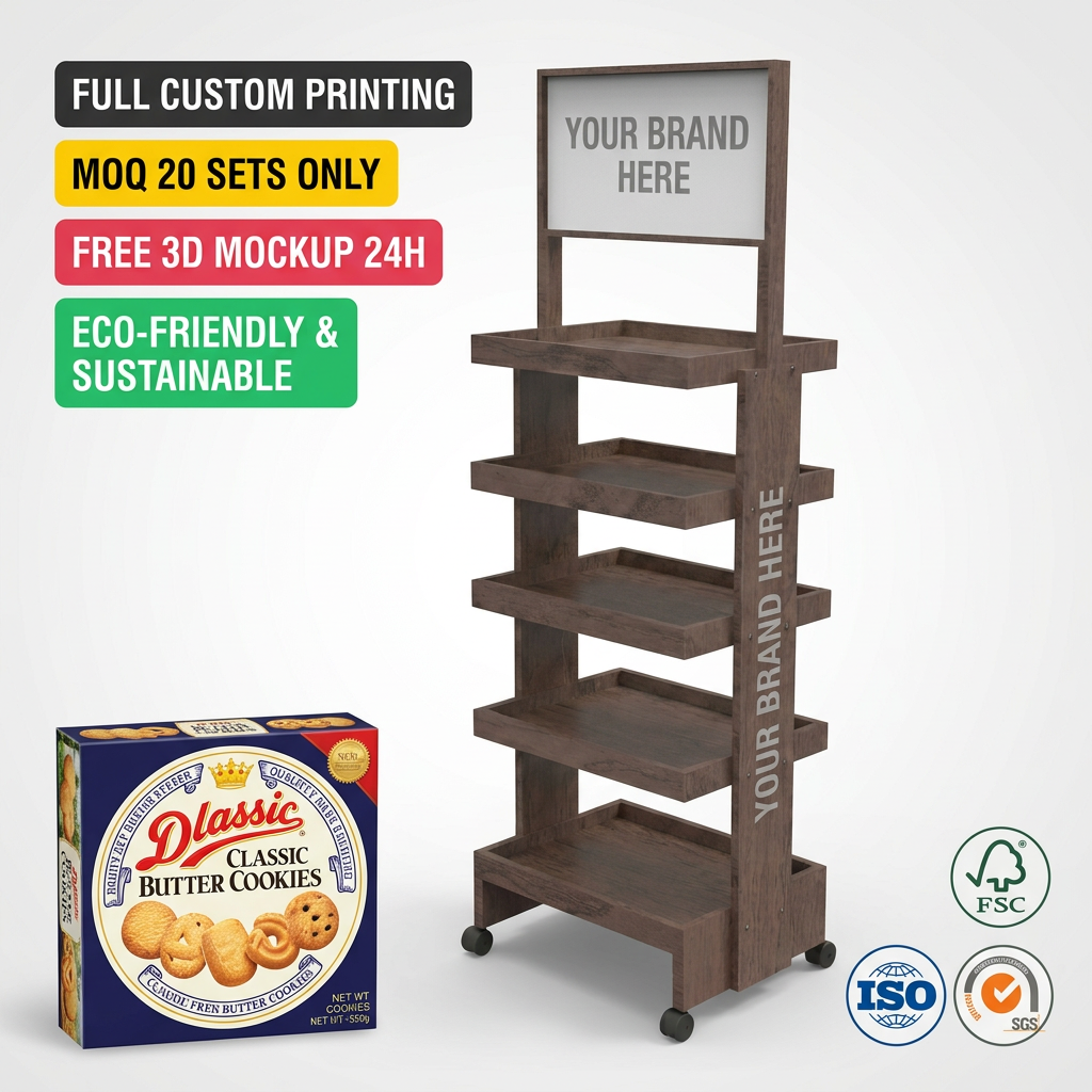 Custom Wooden Retail Display Rack with Wheels 5 Tier Floor Standing Shelf Header Sign POS POP Store Fixture Promotion Stand OEM — view 1